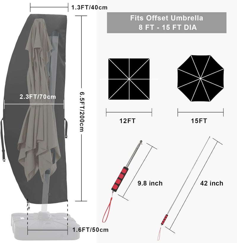 COOSHADE 600D Patio Umbrella Parasol Cover Waterproof Outdoor Anti-UV Protective Cover with Zipper Fits Cantilever Offset Umbrella 7.5-15 Feet, Black - Image 3
